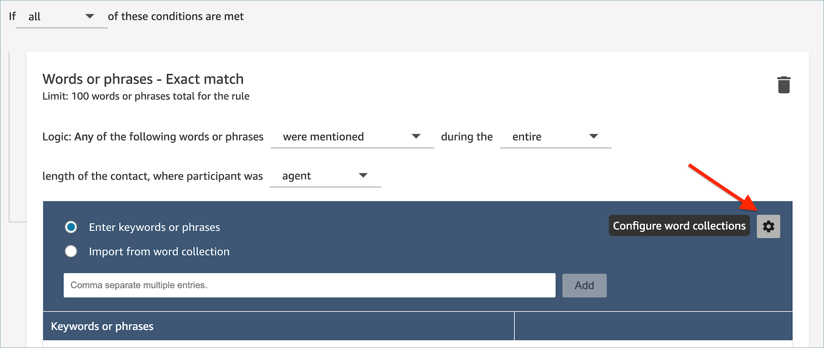 Insira a opção de palavras-chave ou frases na interface de usuário.
