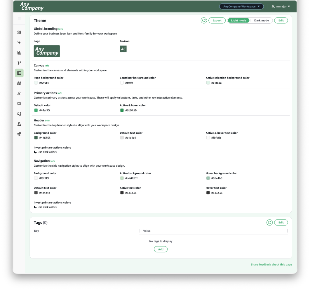 Espaço de trabalho com logotipo e esquema de cores personalizados.