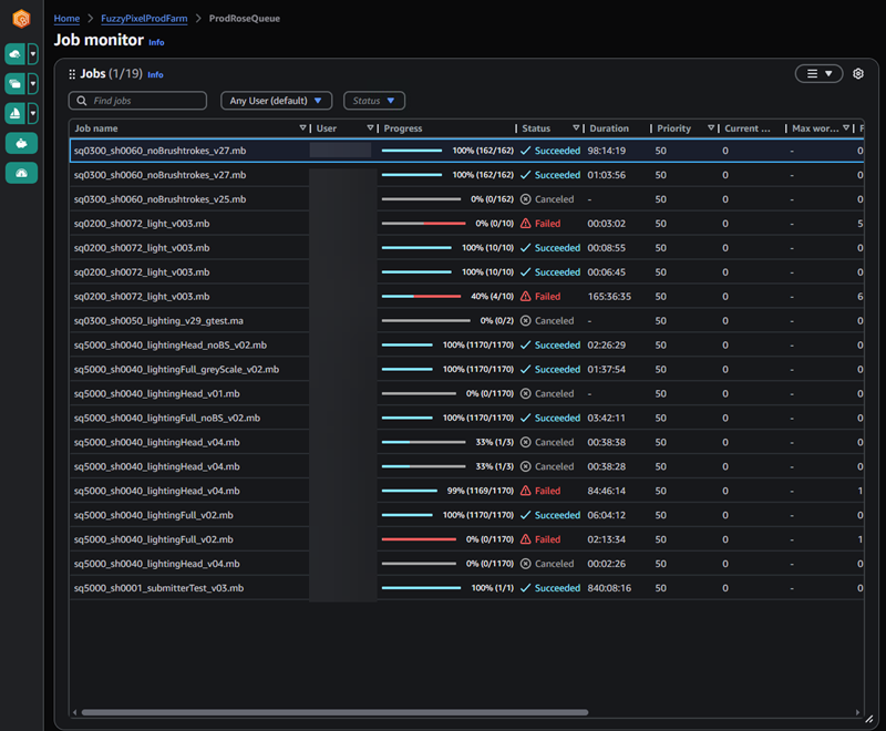 O monitor Deadline Cloud mostra o status do trabalho, incluindo bem-sucedido, cancelado e reprovado.
