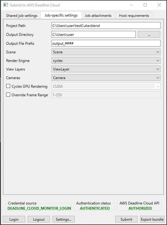 A guia de configurações específicas do trabalho do remetenteBlender.