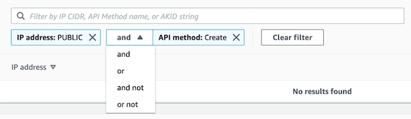 Lista de conectores disponíveis entre filtros individuais para o filtro de detalhes da atividade.