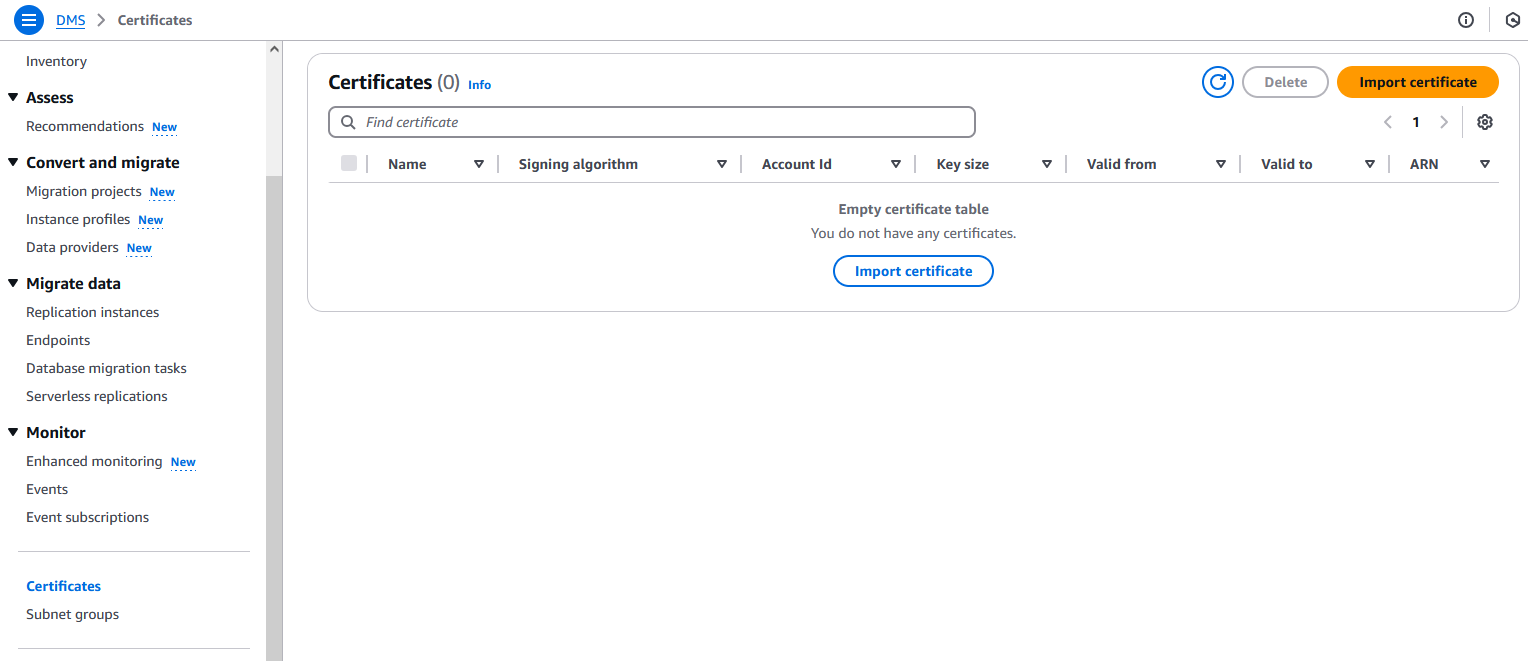 AWS Database Migration Service Gerenciamento de certificados SSL