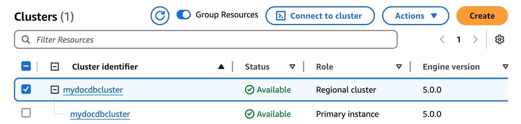 Interface de gerenciamento de clusters do Amazon DocumentDB mostrando um cluster regional com detalhes da instância primária