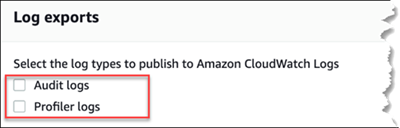 Captura de tela do painel Exportações de log mostrando as etapas para configurar o registro em log do DML do cluster.