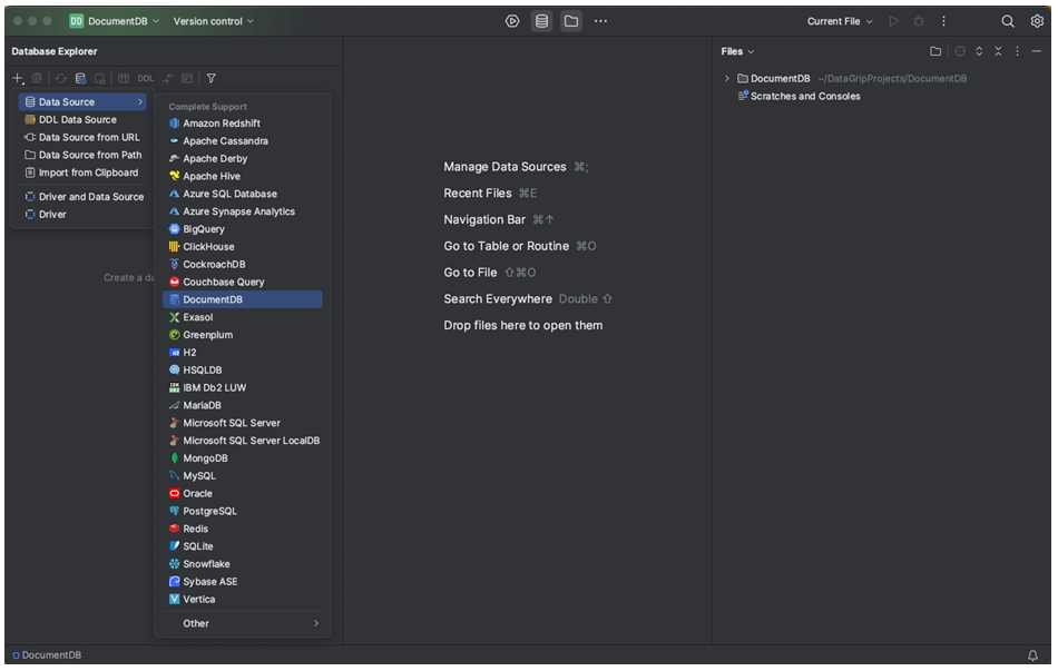 A lista suspensa para + mostra o submenu Fonte de dados. O DocumentDB é selecionado nesse submenu.