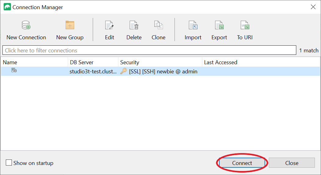 Interface Gerenciador de conexões com o botão Conextar-se destacado.