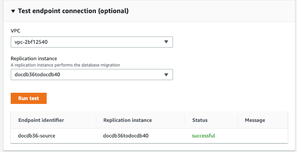 Imagem: caixa de diálogo de conexão do endpoint de teste para a AWS DMS fonte mostrando dois menus suspensos, um botão de teste e uma lista de testes executados.