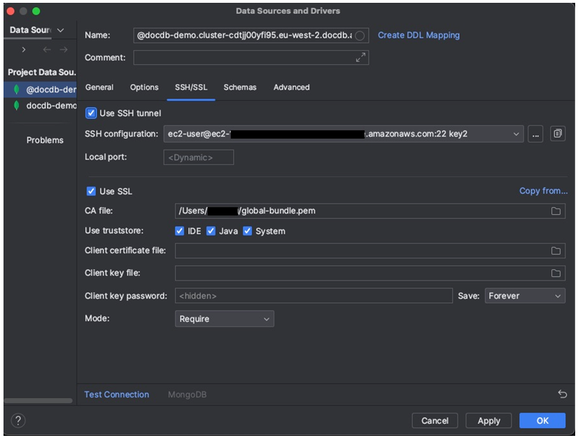 Guia SSH/SSL na interface Fontes de dados e drivers com as configurações de SSL habilitadas.