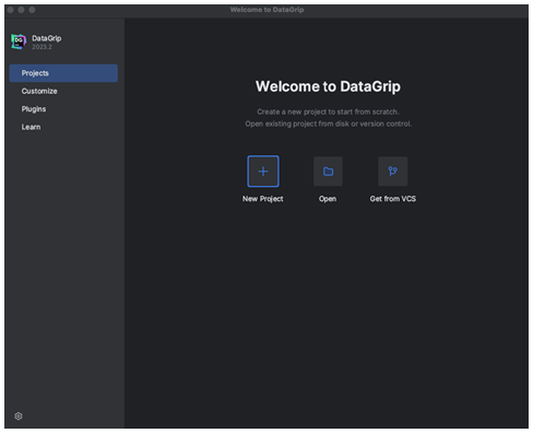 Tela de boas-vindas do DataGrip com a opção Novo projeto destacada.
