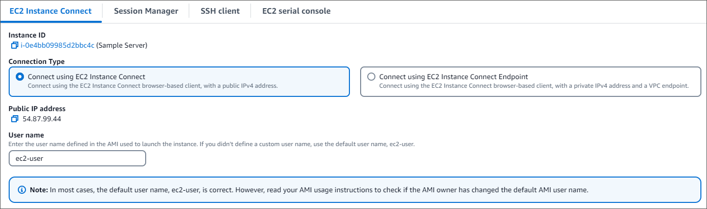 Interface mostrando as opções de configuração do método de conexão do EC2 Instance Connect.