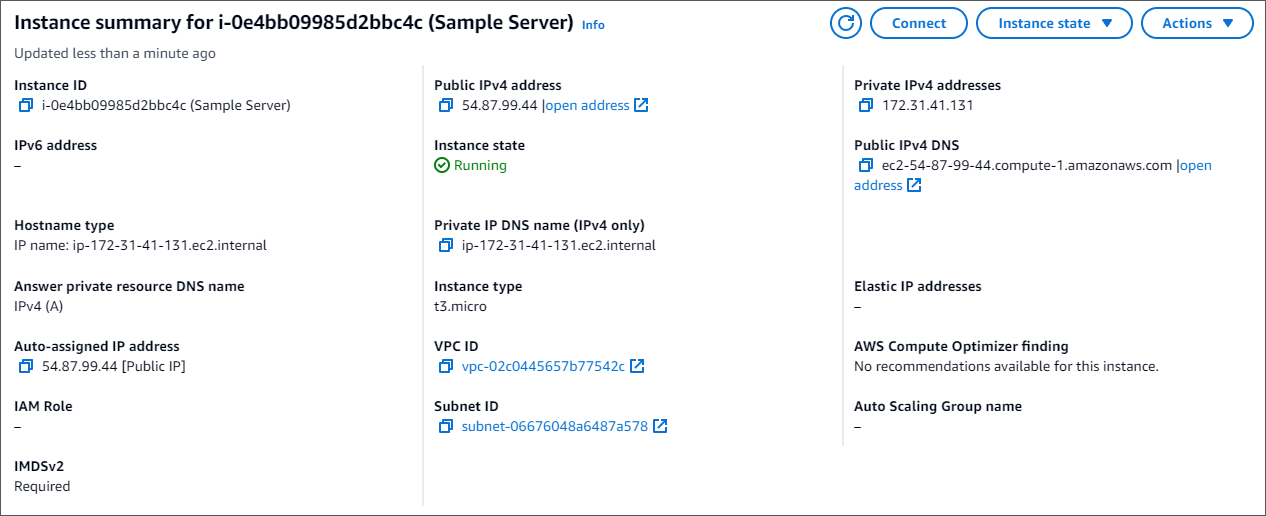 Resumo da instância para uma instância do Amazon EC2. O botão Conectar está localizado no canto superior direito.