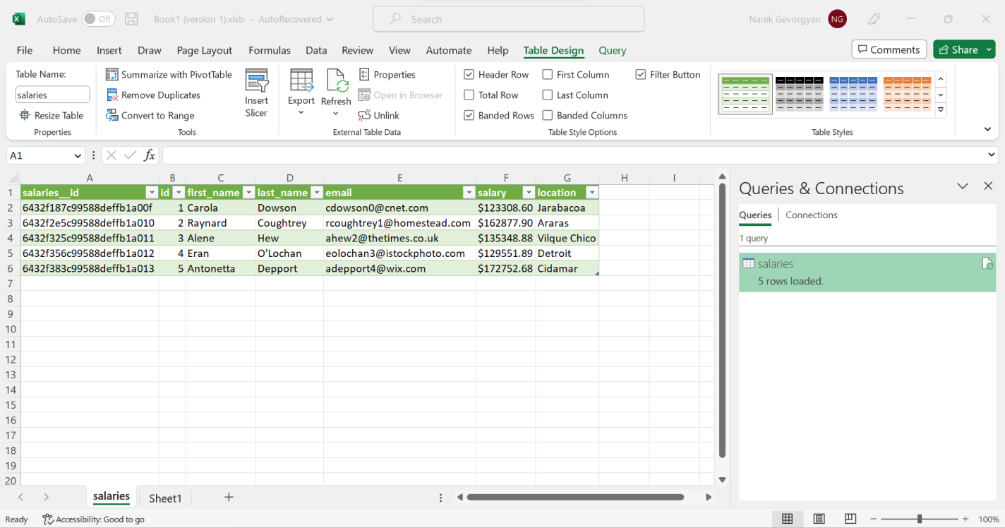 Planilha do Excel mostrando cinco linhas de dados da tabela de salários selecionada.