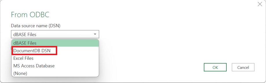 O menu suspenso Nome da fonte de dados com a opção DSN do DocumentDB selecionada.