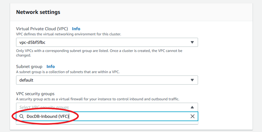DocDB-Inbound VFC selecionado no menu suspenso de grupos de segurança da VPC.