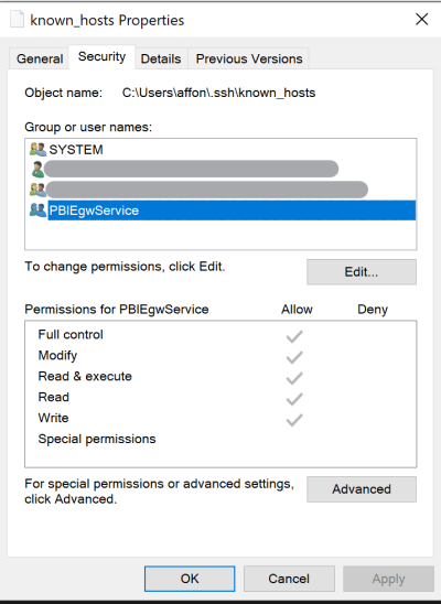 A interface de propriedades known_hosts mostrando permissões para o. PBIEgwService