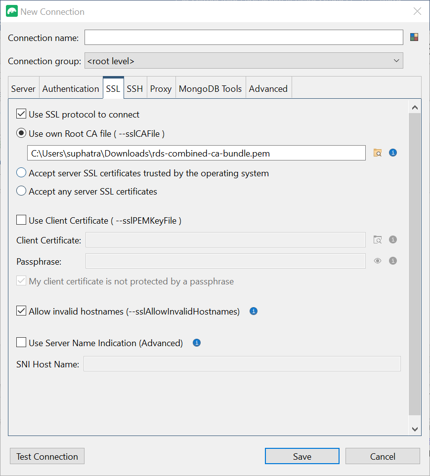 Guia SSL na interface Nova conexão com a opção Usar protocolo SSL para se conectar selecionada.