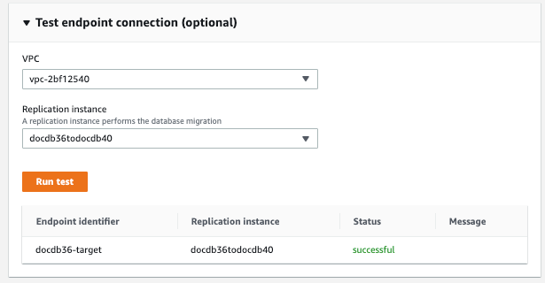 Imagem: caixa de diálogo de conexão do endpoint de teste para o AWS DMS destino mostrando dois menus suspensos, um botão de teste e uma lista de testes executados.