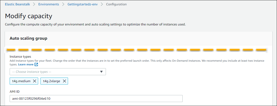 Configurações de EC2 instância da Amazon na janela de configuração de capacidade do Elastic Beanstalk para criar ambiente