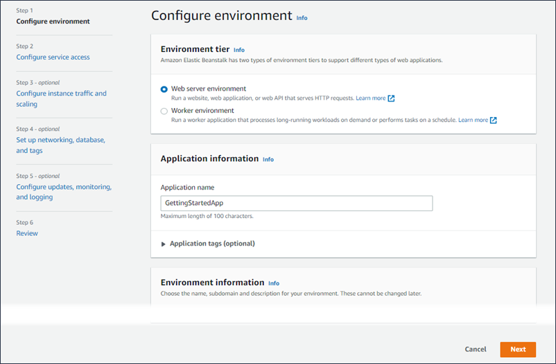 Configure o painel de ambiente. Etapas vinculáveis no lado esquerdo do painel. Marcado como opcional, se aplicável.