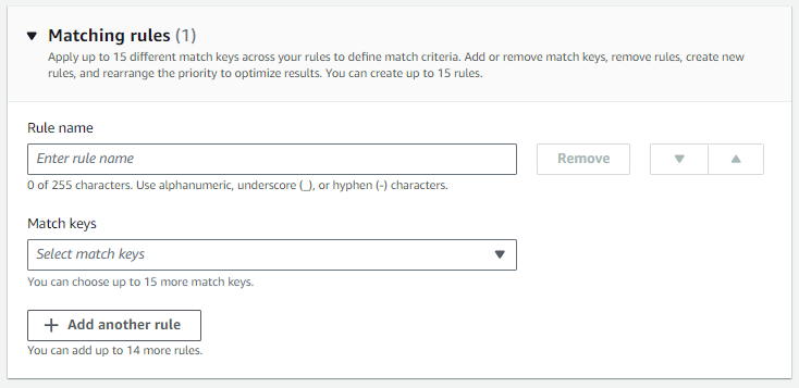 Interface de regras de correspondência com campos para inserir o nome da regra e selecionar as chaves de correspondência.