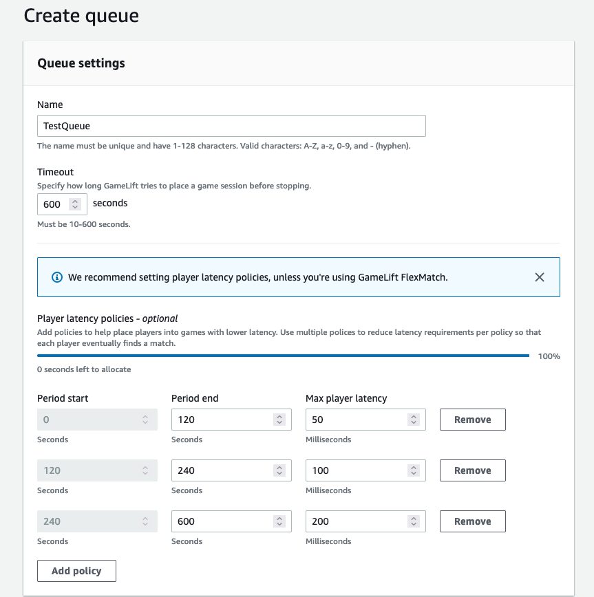 Uma captura de tela do console que ilustra o exemplo de políticas de latência que diminuem gradualmente.