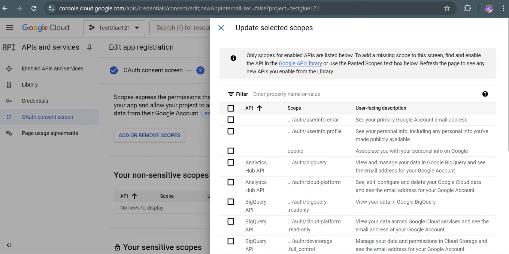 A captura de tela mostra a página Atualizar escopos selecionados. Selecione os escopos conforme necessário.