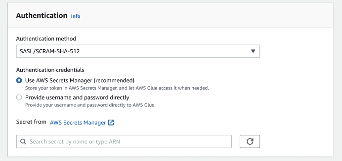A captura de tela mostra as opções para credenciais de autenticação se o método de autenticação for SASL/SCRAM-SHA-512.