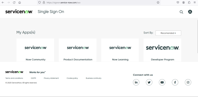 A captura de tela mostra o acesso ao programa de desenvolvedores do ServiceNow.