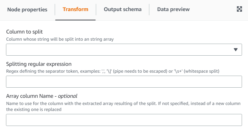 A captura de tela mostra a guia Transformar para a transformação Split String.