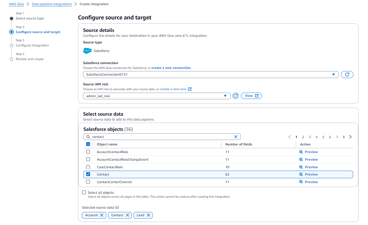 A captura de tela mostra a especificação dos dados de origem para replicar em uma integração ETL zero.
