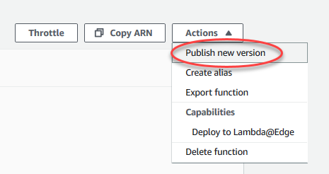 Captura de tela do menu Actions (Ações) com Publish new version (Publicar nova versão) em destaque.