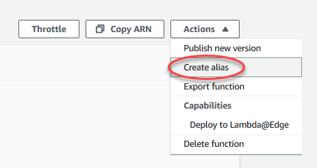 Captura de tela do menu Actions (Ações) definido como Create alias (Criar alias).
