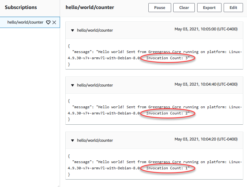 Captura de tela mostrando o incremento de Invocation Count (Contagem de invocação) de 1, 2 e 3.