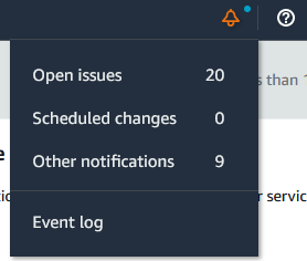 Captura de tela do ícone da campainha de notificação no console do AWS Health .