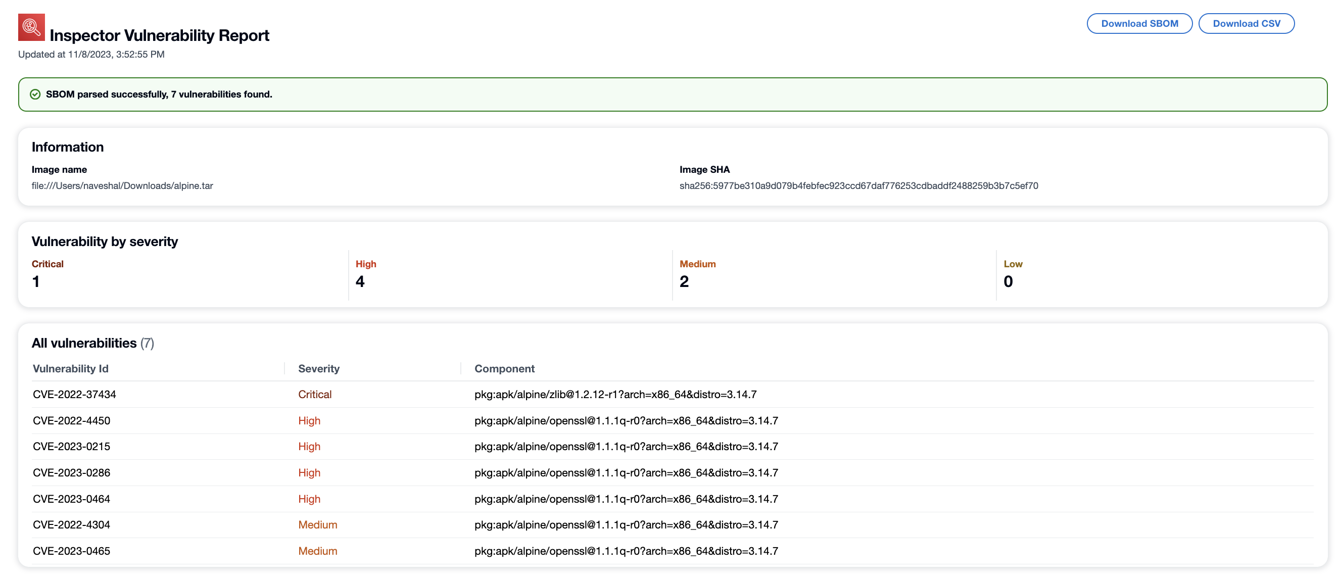 Amostra de relatório de vulnerabilidade do Amazon Inspector.