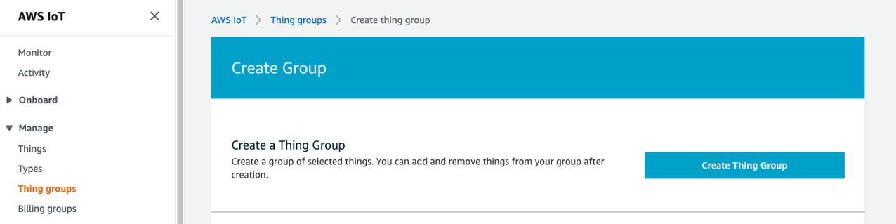 Página “Criar grupo de coisas” do console do AWS IoT com o botão “Criar grupo de coisas”.