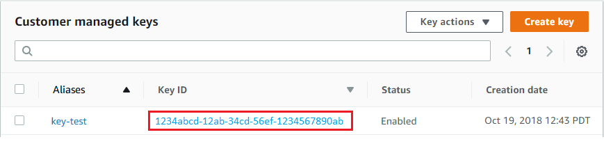Chaves gerenciadas pelo cliente table showing Key ID for a single key-test alias.