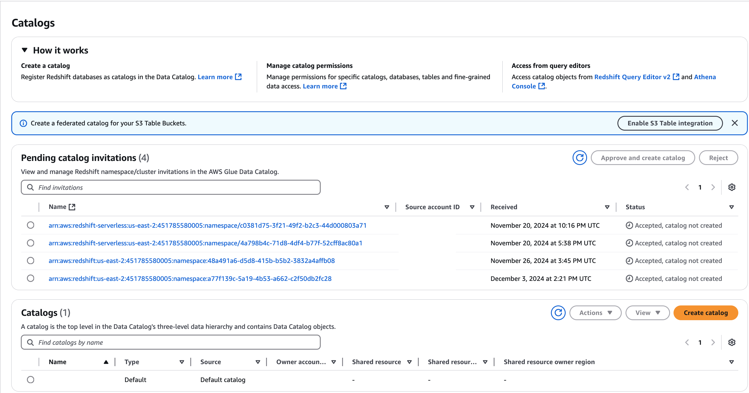 A página de catálogos com convites pendentes.