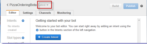 O console mostra a nova guia Editor do bot. A guia Editor fornece informações sobre a versão do bot, as intenções e os tipos de slot e botões para criar e publicar o bot.