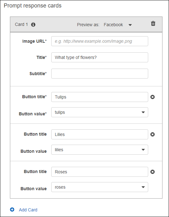 URL, título, subtítulo do primeiro cartão de resposta e título e valor para três botões no cartão de resposta.