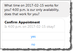 Cartão de resposta mostrando a confirmação da consulta e duas opções: sim e não.