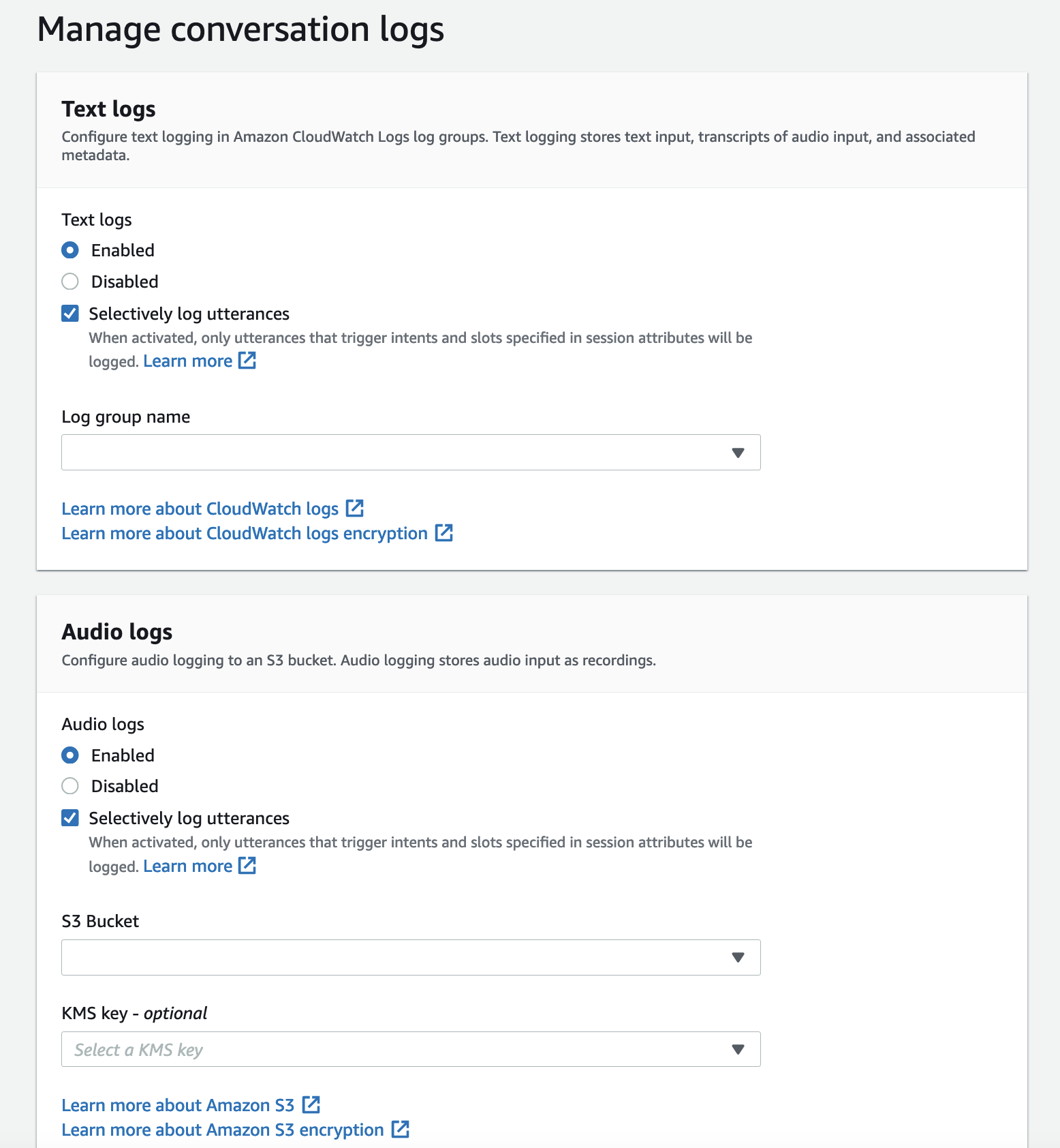 Os painéis para gerenciar logs de conversas.