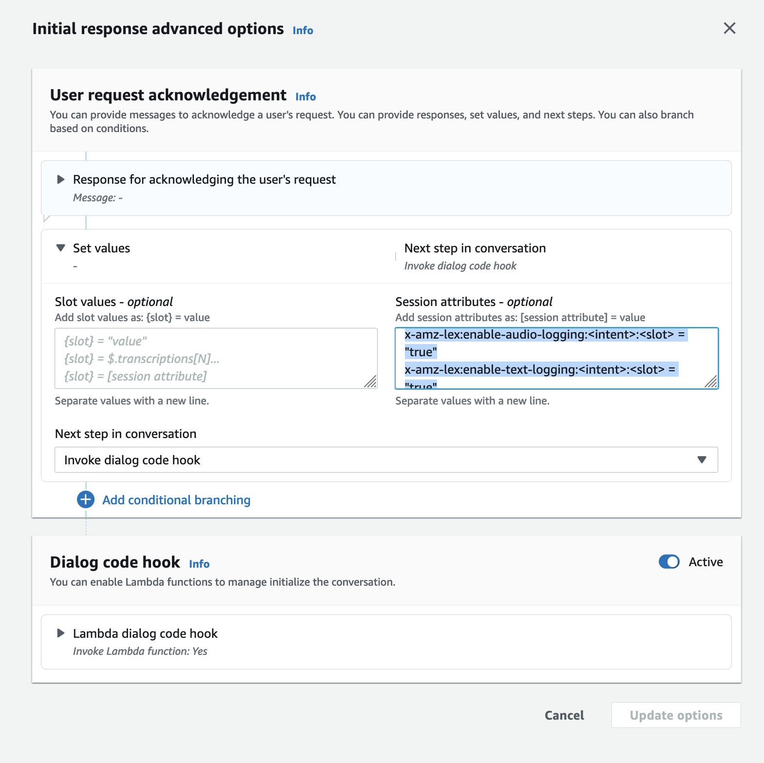 Os painéis para adicionar atributos de sessão seletivos.