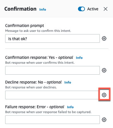 Ícone de engrenagem ao lado da resposta do bot na seção de recusa de resposta