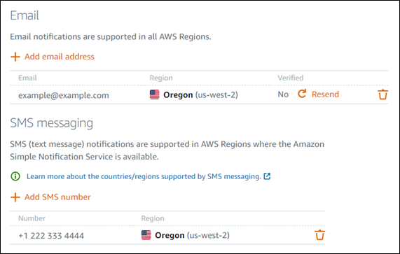 Contatos de notificação adicionados ao console do Lightsail.