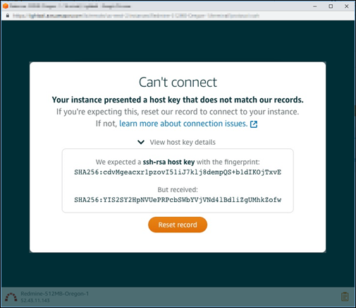Incompatibilidade da chave ou certificado do host para o cliente SSH ou RDP baseado em navegador do Lightsail.
