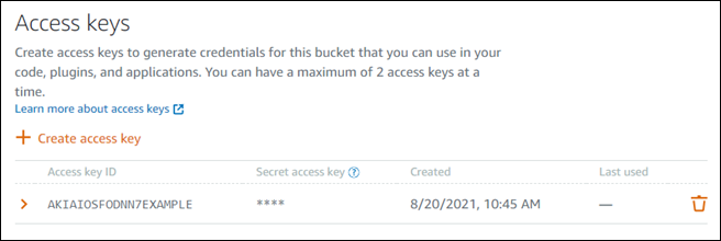 Chaves de acesso ao bucket no console Lightsail