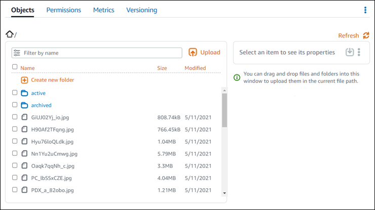 O painel do navegador de objetos no console do Lightsail