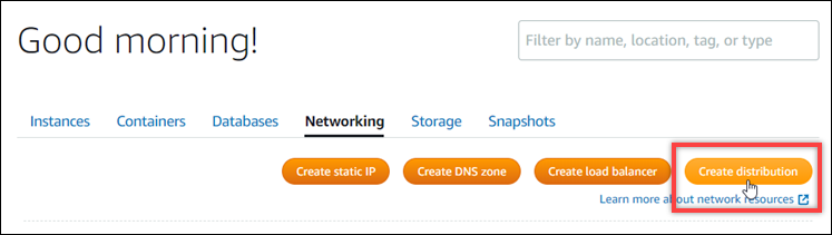 O botão Criar distribuição no console do Lightsail.