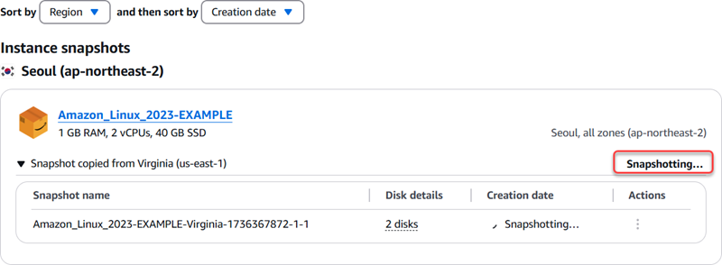 Criação de cópia instantânea no console do Amazon Lightsail.